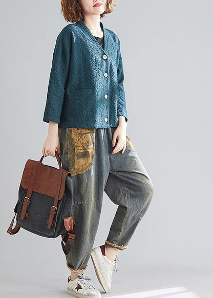 DIY blackish green cotton clothes For Women v neck pockets silhouette spring blouse - SooLinen