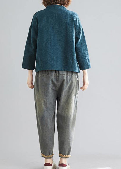 DIY blackish green cotton clothes For Women v neck pockets silhouette spring blouse - SooLinen