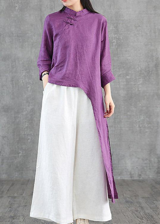 DIY blue linen Robes stand collar asymmetric Robe Dress - SooLinen