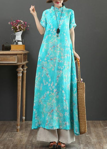 DIY blue print linen Robes stand collar Chinese Button Love summer Dress - SooLinen