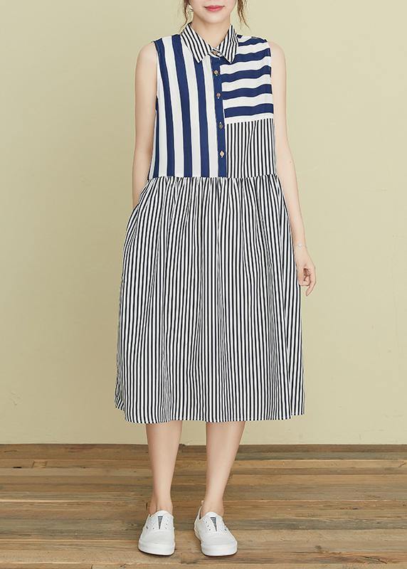 DIY blue striped Robes lapel sleeveless Kaftan summer Dress - SooLinen