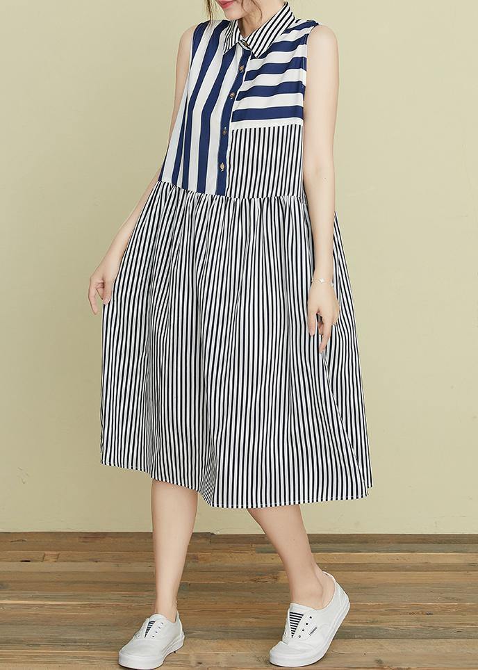 DIY blue striped Robes lapel sleeveless Kaftan summer Dress - SooLinen