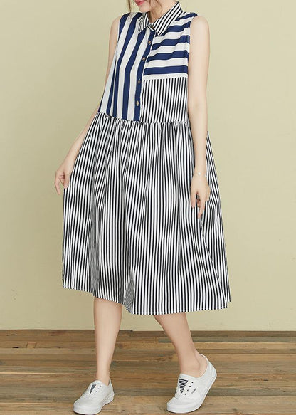 DIY blue striped Robes lapel sleeveless Kaftan summer Dress - SooLinen