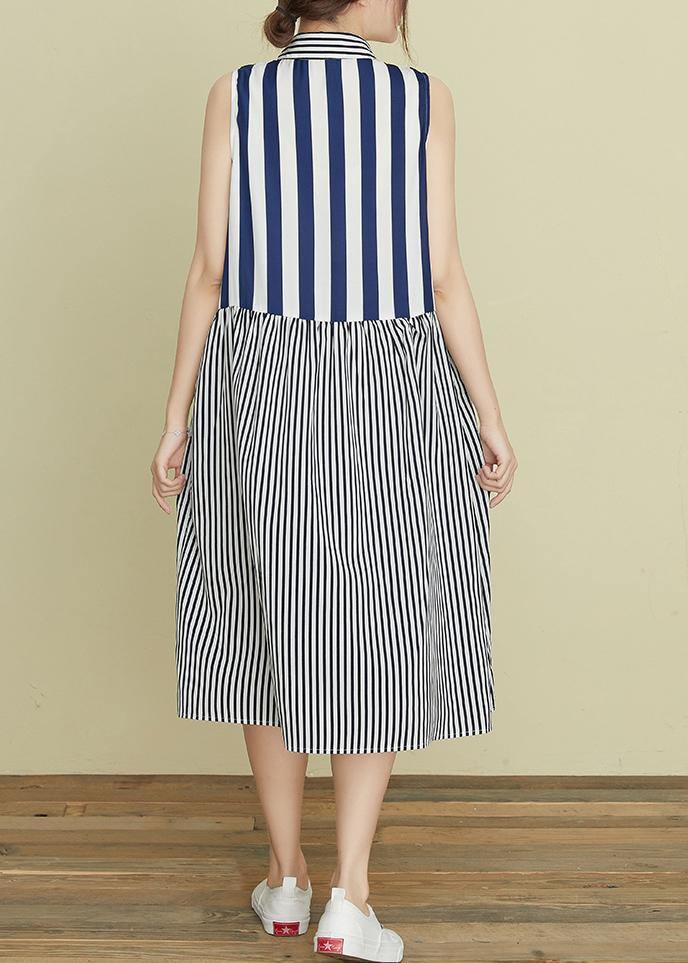 DIY blue striped Robes lapel sleeveless Kaftan summer Dress - SooLinen