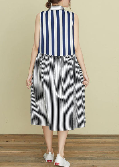 DIY blue striped Robes lapel sleeveless Kaftan summer Dress - SooLinen