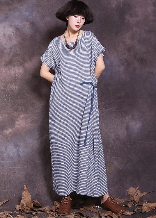 DIY blue striped cotton linen Robes tie waist Maxi summer Dress - SooLinen