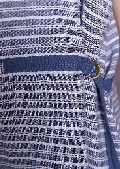 DIY blue striped cotton linen Robes tie waist Maxi summer Dress - SooLinen
