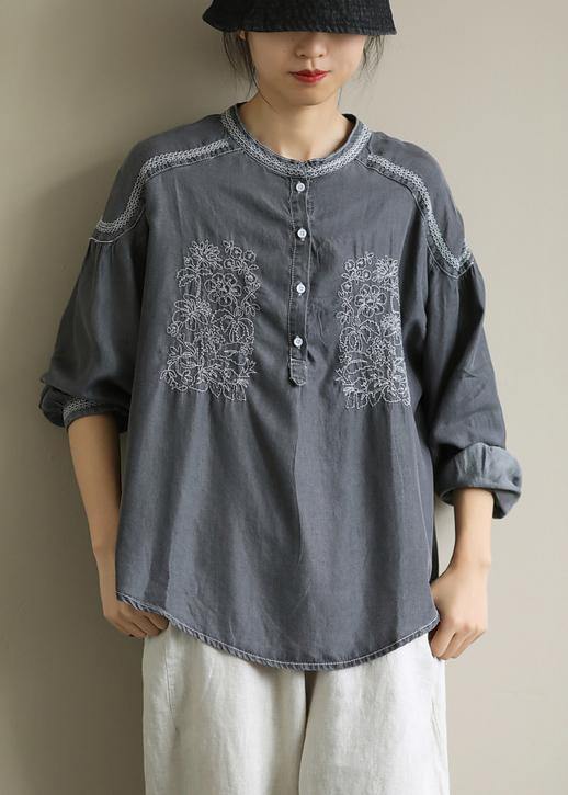 DIY dark gray Shirts o neck embroidery daily shirt - SooLinen