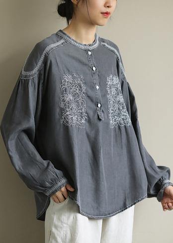 DIY dark gray Shirts o neck embroidery daily shirt - SooLinen