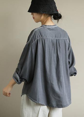 DIY dark gray Shirts o neck embroidery daily shirt - SooLinen
