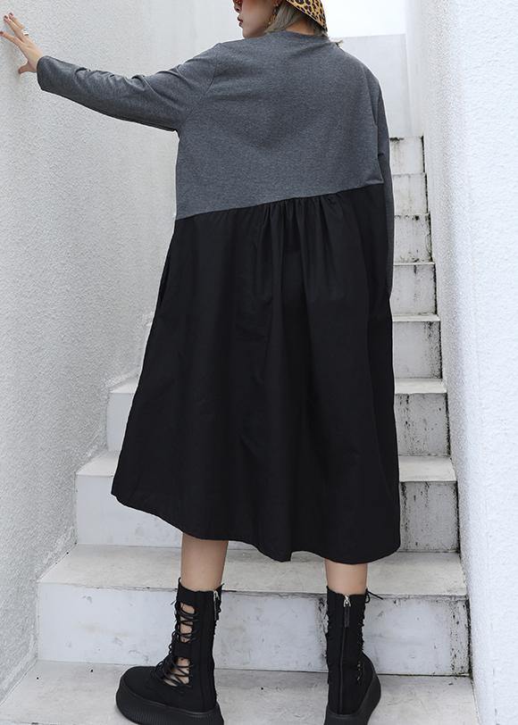 DIY gray cotton quilting dresses patchwork tassel Maxi o neck Dresses - SooLinen