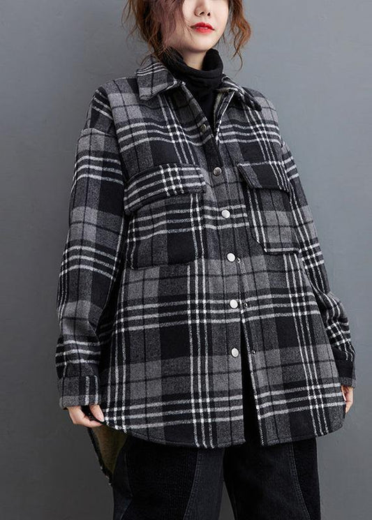 DIY gray plaid clothes lapel pockets baggy shirts - SooLinen