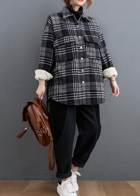 DIY gray plaid clothes lapel pockets baggy shirts - SooLinen