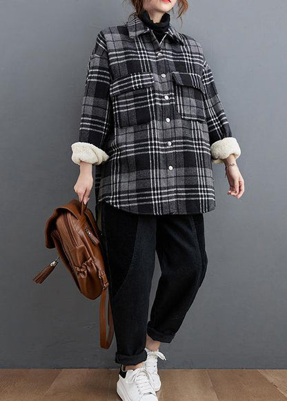 DIY gray plaid clothes lapel pockets baggy shirts - SooLinen