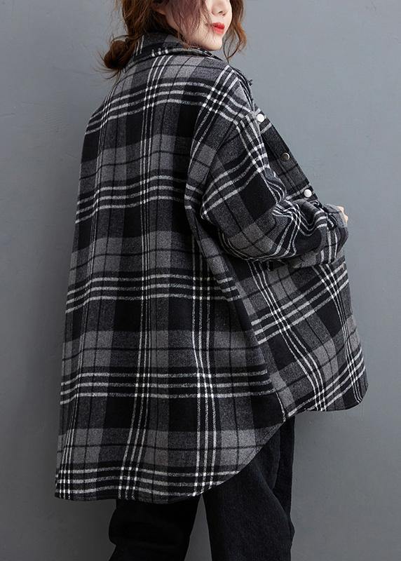DIY gray plaid clothes lapel pockets baggy shirts - SooLinen