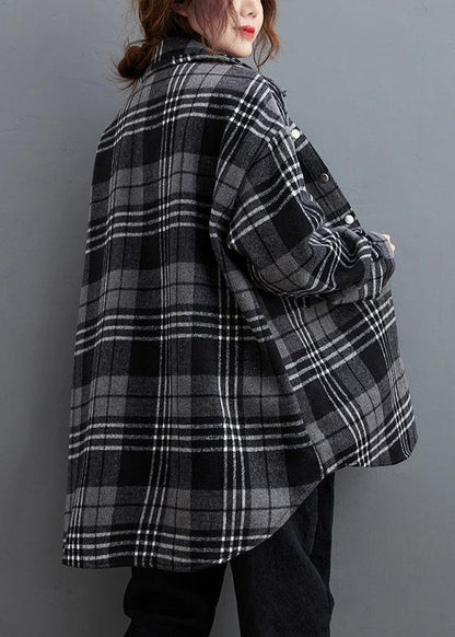 DIY gray plaid clothes lapel pockets baggy shirts - SooLinen