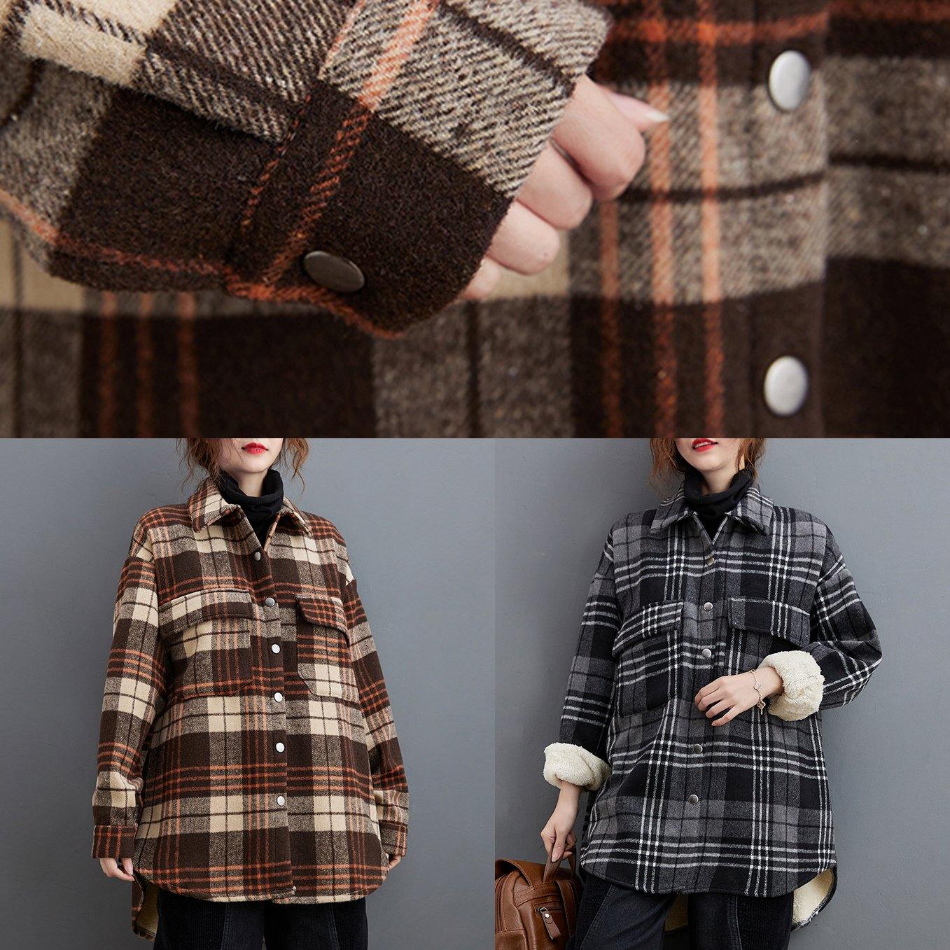 DIY gray plaid clothes lapel pockets baggy shirts - SooLinen