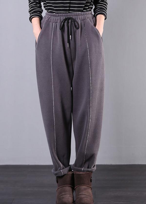 DIY gray trousers elastic waist drawstring pockets Outfits casual pants - SooLinen