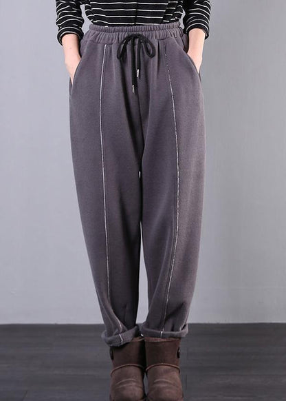DIY gray trousers elastic waist drawstring pockets Outfits casual pants - SooLinen