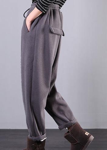 DIY gray trousers elastic waist drawstring pockets Outfits casual pants - SooLinen