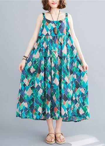 DIY green print cotton linen dress Spaghetti Strap patchwork A Line summer Dress - SooLinen