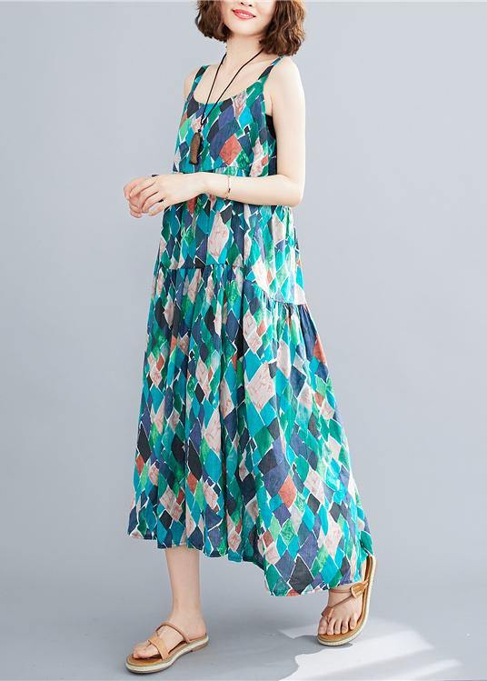 DIY green print cotton linen dress Spaghetti Strap patchwork A Line summer Dress - SooLinen