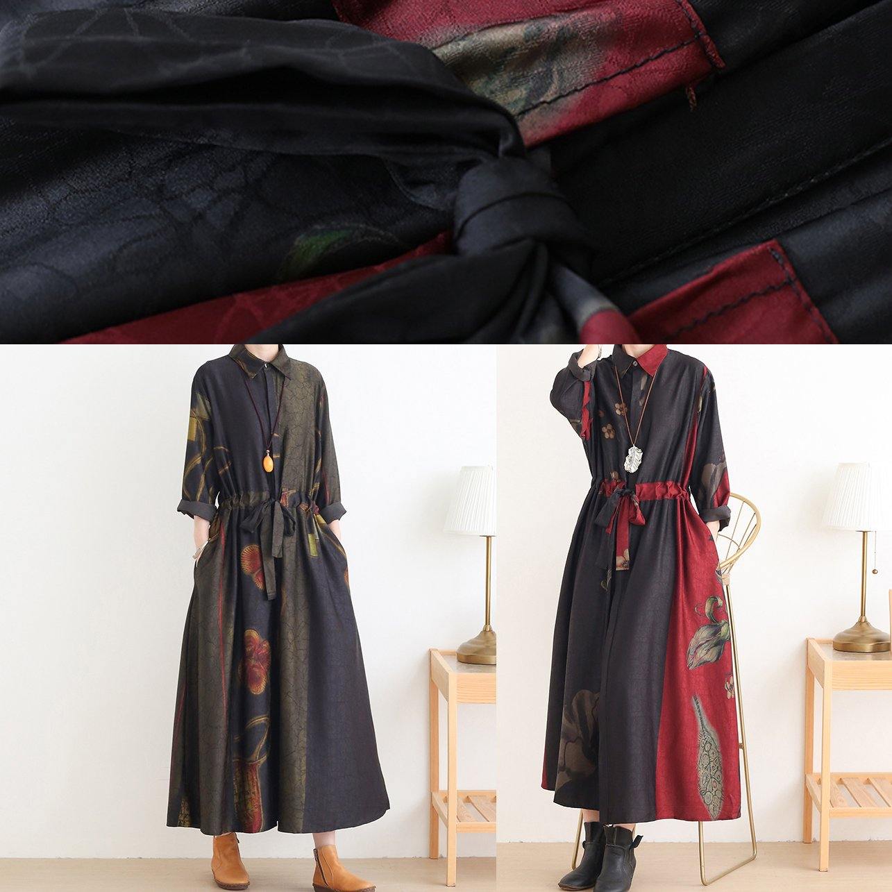 DIY green print dresses lapel drawstring Art Dress - SooLinen