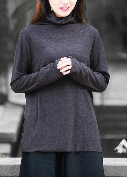 DIY high neck long sleeve tops women blouses design black tops - SooLinen