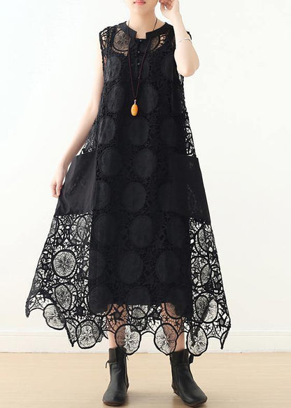 DIY hollow out cotton Long Shirts Runway black sleeveless Art Dress summer - SooLinen