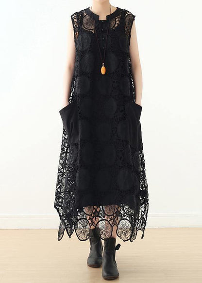 DIY hollow out cotton Long Shirts Runway black sleeveless Art Dress summer - SooLinen