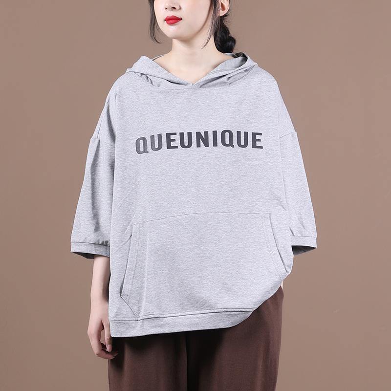 DIY hooded half sleeve shirts women Sewing light gray Letter tops - SooLinen