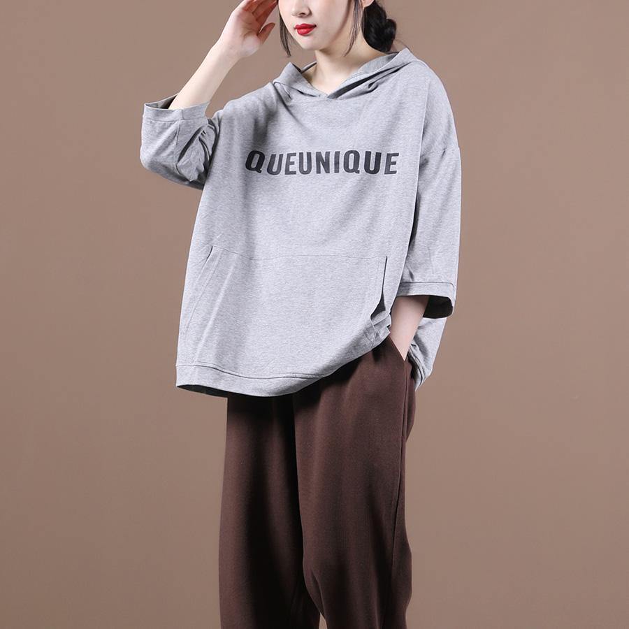 DIY hooded half sleeve shirts women Sewing light gray Letter tops - SooLinen