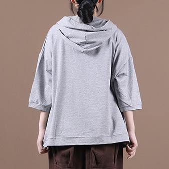 DIY hooded half sleeve shirts women Sewing light gray Letter tops - SooLinen