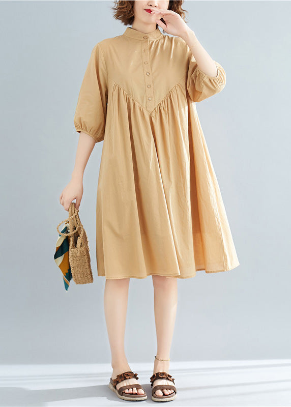DIY khaki Baumwollhemden Bio-Fotografie Stehkragen lose Sommerkleider
