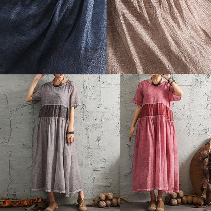 DIY khaki patchwork cotton linen clothes For Women short sleeve long summer Dress - SooLinen