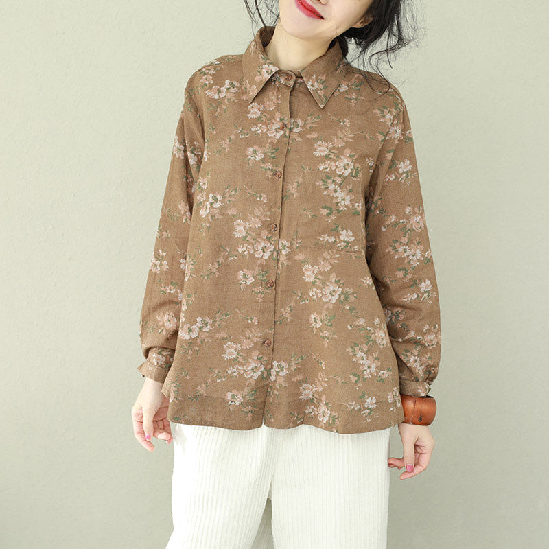 DIY Leinenblusen mit Khaki-Print für Damen in Übergröße, Button-Down-Blusen mit Baumwollrevers in Übergröße