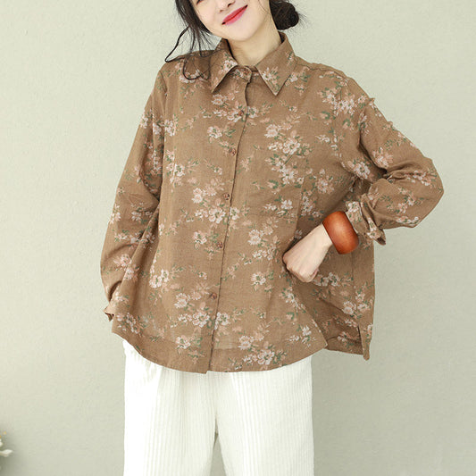 DIY Leinenblusen mit Khaki-Print für Damen in Übergröße, Button-Down-Blusen mit Baumwollrevers in Übergröße