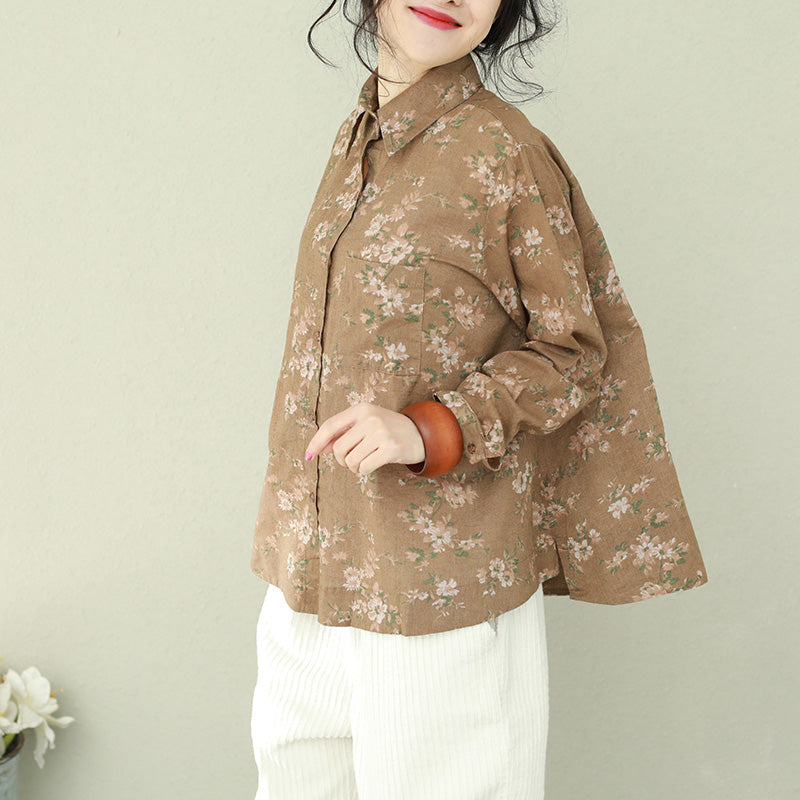DIY Leinenblusen mit Khaki-Print für Damen in Übergröße, Button-Down-Blusen mit Baumwollrevers in Übergröße