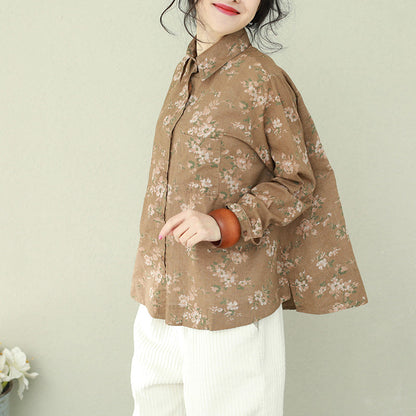 DIY Leinenblusen mit Khaki-Print für Damen in Übergröße, Button-Down-Blusen mit Baumwollrevers in Übergröße