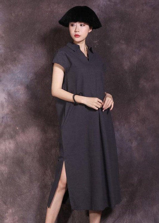 DIY lapel collar linen cotton dress Work Outfits black side open Dress summer - SooLinen
