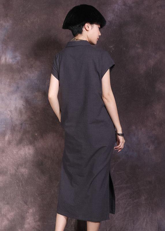 DIY lapel collar linen cotton dress Work Outfits black side open Dress summer - SooLinen