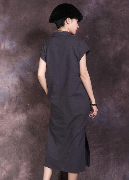 DIY lapel collar linen cotton dress Work Outfits black side open Dress summer - SooLinen