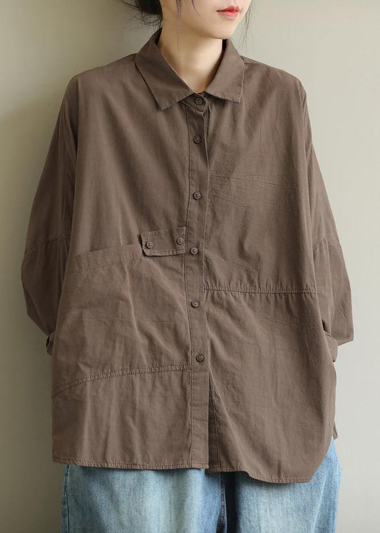 DIY lapel patchwork Shirts Work Outfits chocolate top - SooLinen