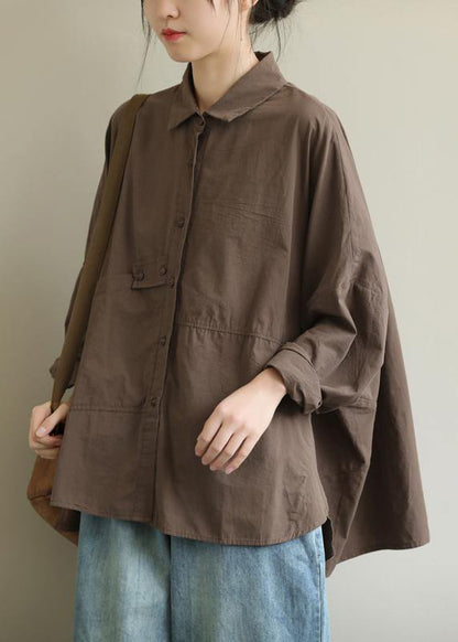 DIY lapel patchwork Shirts Work Outfits chocolate top - SooLinen