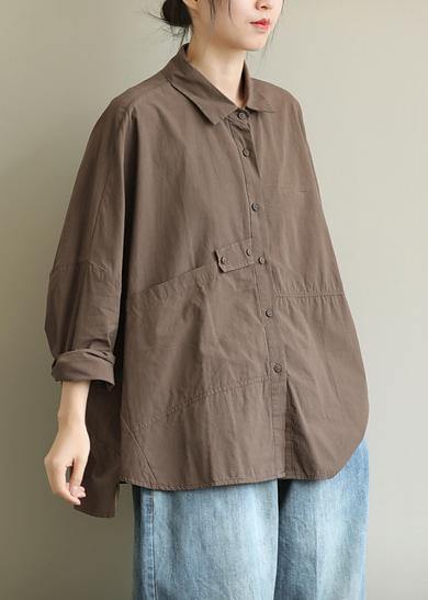 DIY lapel patchwork Shirts Work Outfits chocolate top - SooLinen