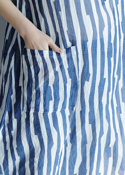 DIY Reverstaschen Baumwolltunika Taillierte Ärmel blau gestreift A-Linie Kleider Sommer