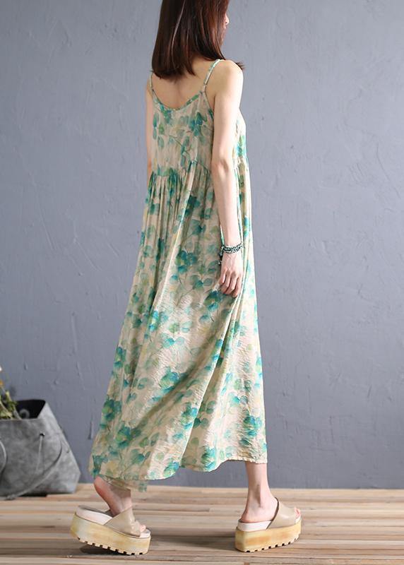 DIY light green print cotton dress Spaghetti Strap Robe summer Dresses - SooLinen