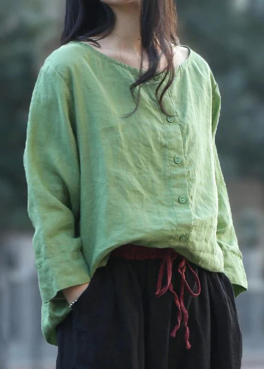 DIY linen green tunic top boutique Solid Color Single Breasted Reversible Blouse - SooLinen