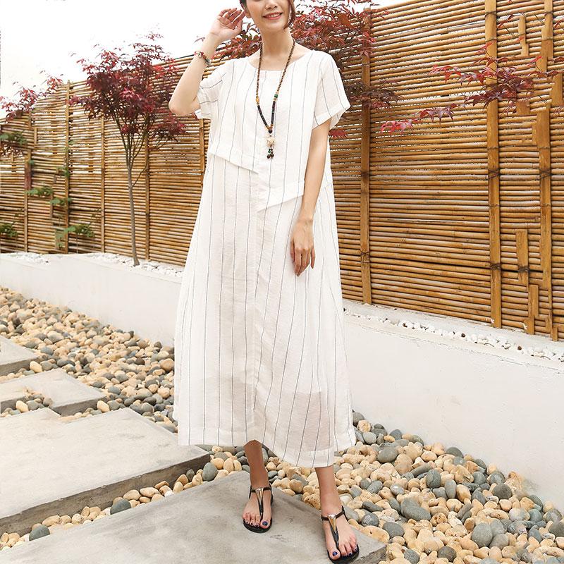 DIY Leinen Quiltkleider Lässiges Leinen Baumwolle Damen Kurzarm Streifen Weißes Kleid