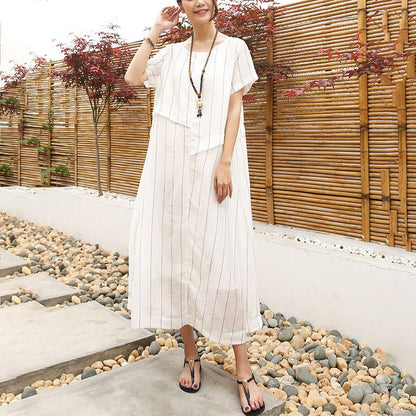 DIY Leinen Quiltkleider Lässiges Leinen Baumwolle Damen Kurzarm Streifen Weißes Kleid